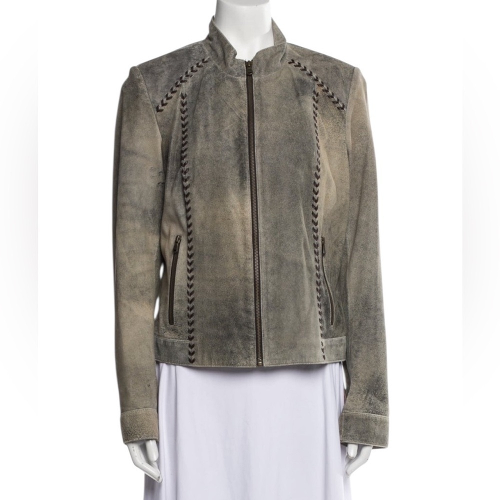 Gray Suede Leather Motorcycle Jacket With Quilted Details — image 5 of 8